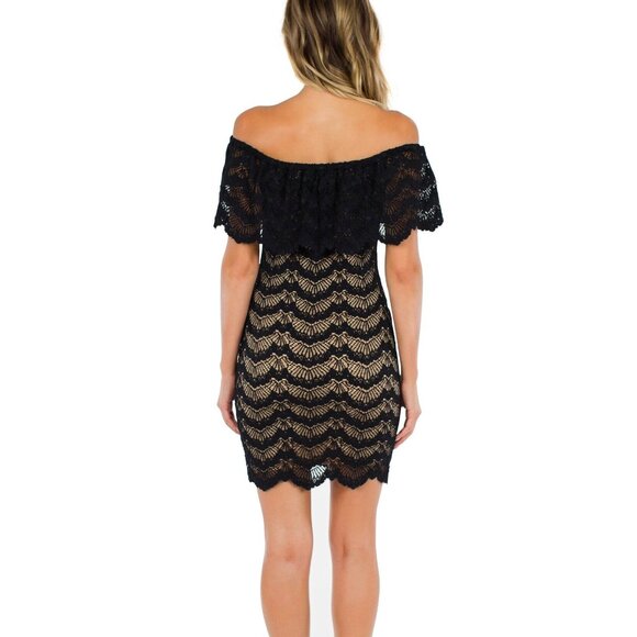 Nightcap Clothing Black Nude Lace Mini Dress Off the Shoulder Stretch Sz 2 Small - Picture 8 of 10